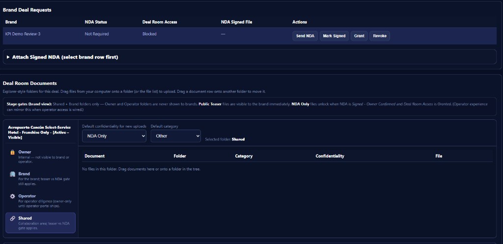 NDA-gated deal room with document folders